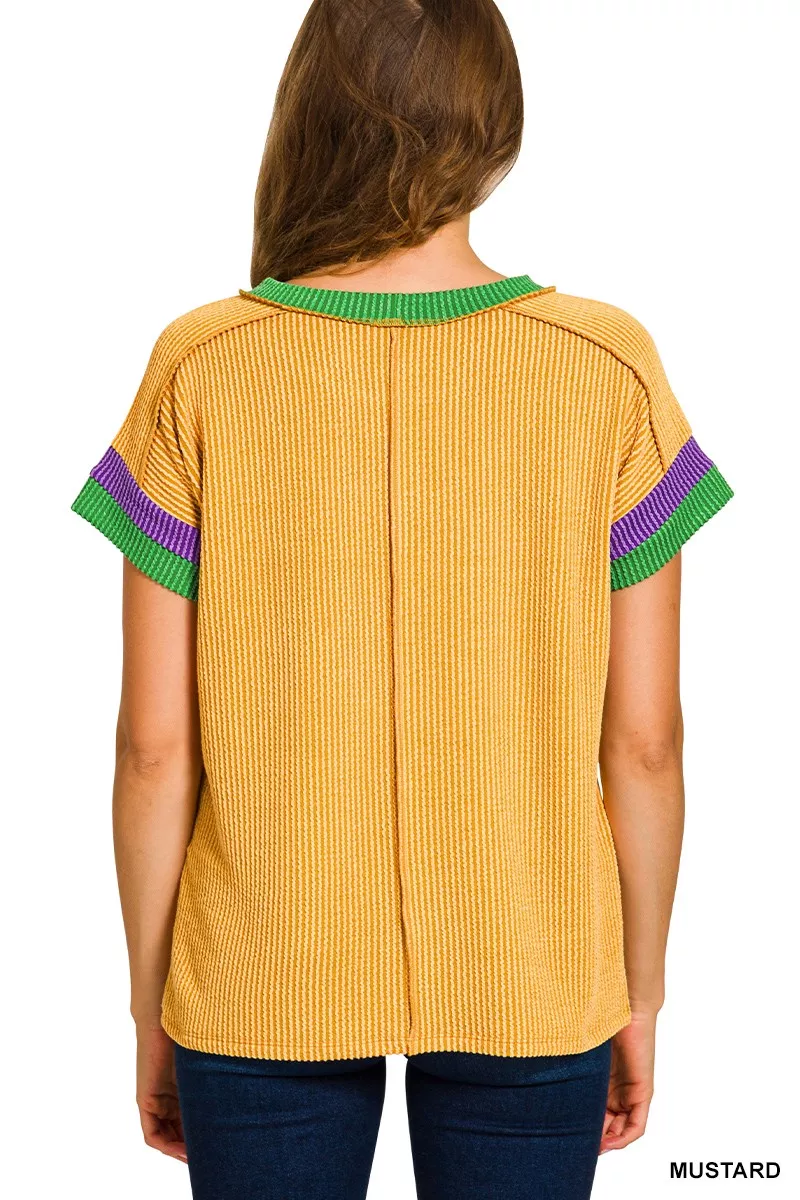 Mardi Gras Raised Rib Contrast Trim Top, image 3