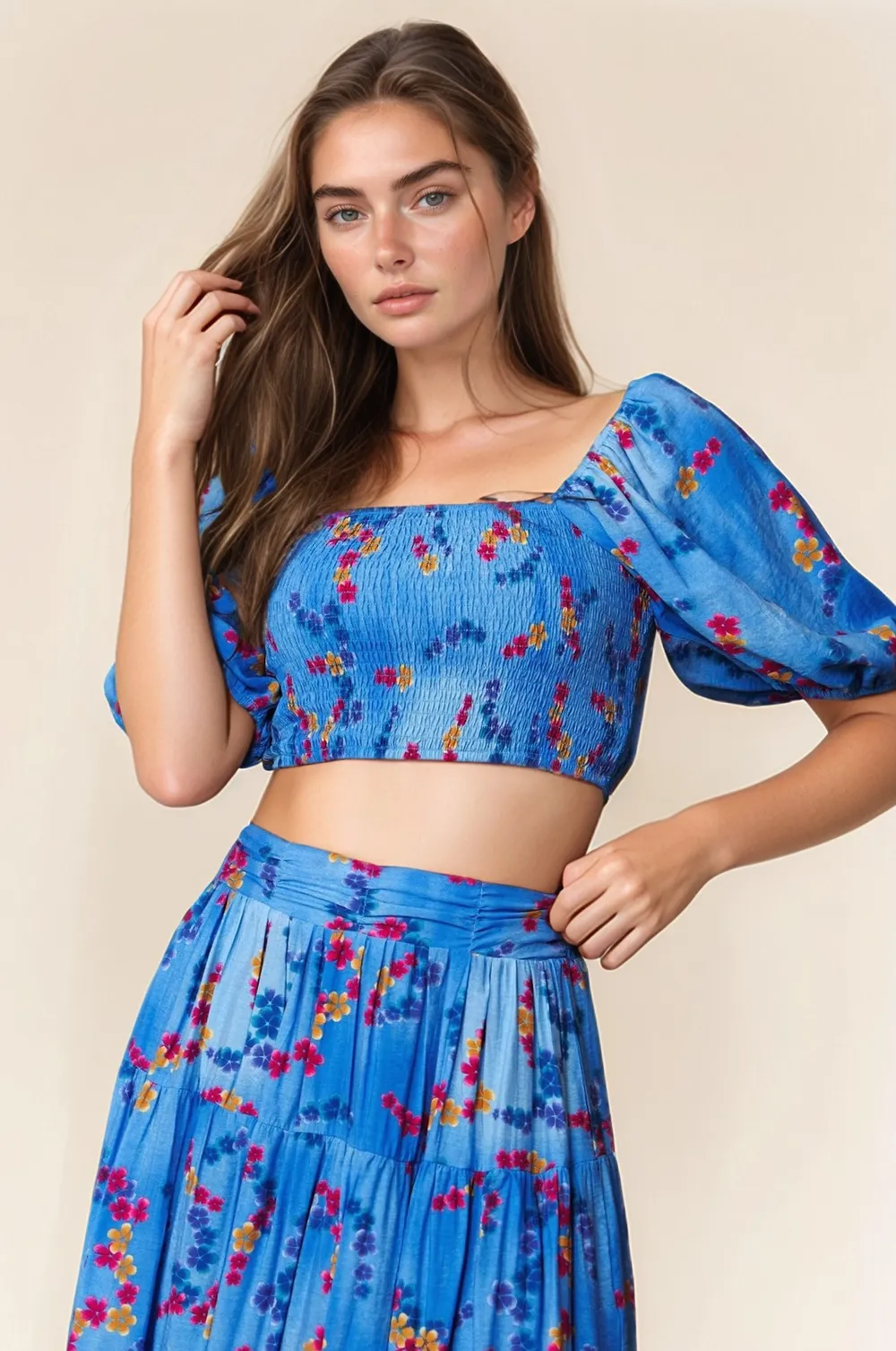 Smocing Bodice Puff Short Sleeve Printed Crop Top, image 6