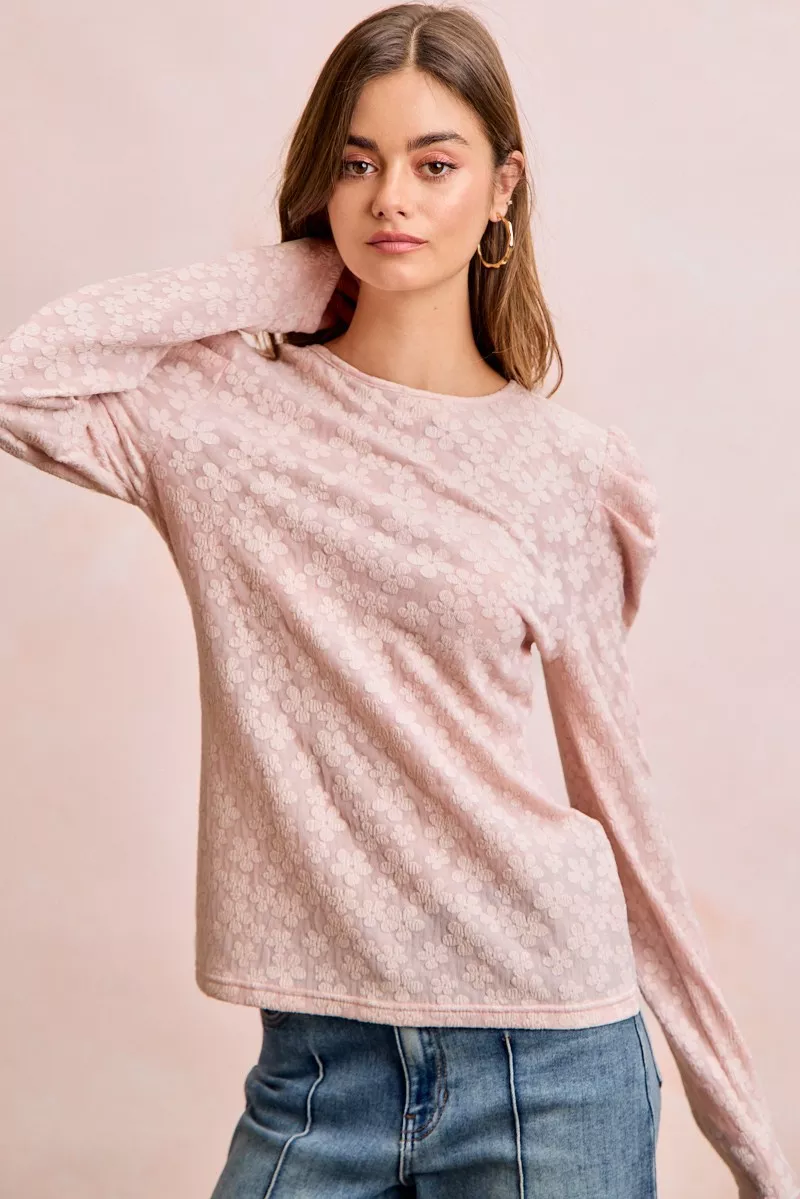 Textured Flower Knit Puff Shoulder Top, image 15