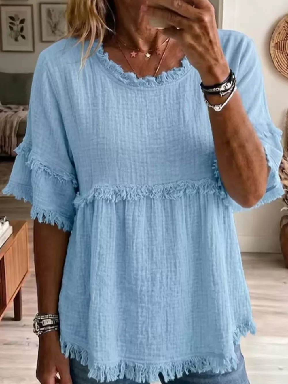 Full Size Frayed Edge Textured Blouse Plus Size