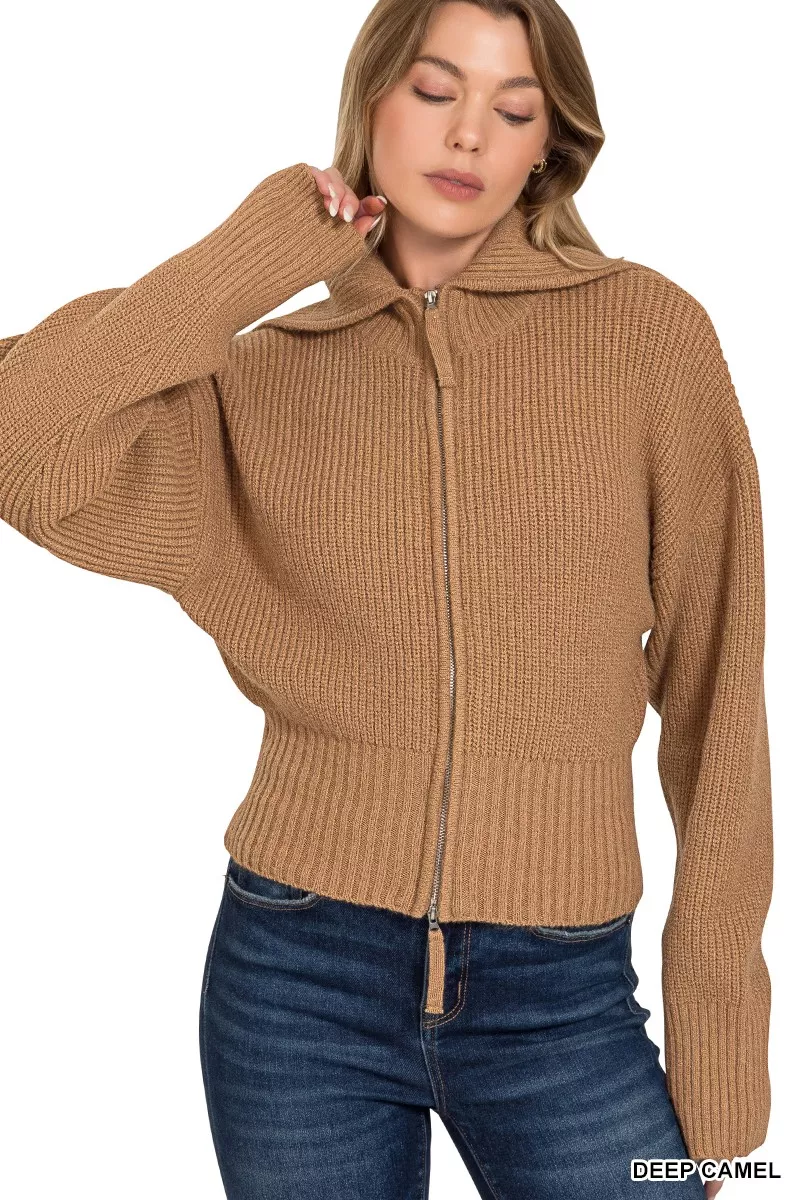 Ribbed Collared Zip Up Sweater Cardigan, image 4