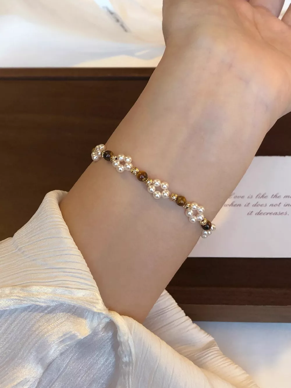 Pearl & Tiger Eye Stone Beaded Bracelet, image 2