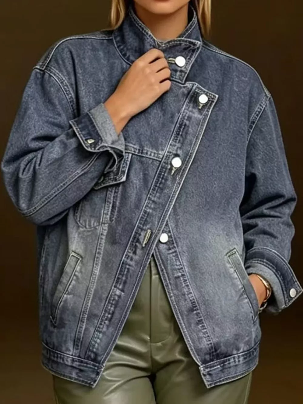 Full Size Asymmetric Button-Up Stand Collar Denim Jacket Plus Size, image 8
