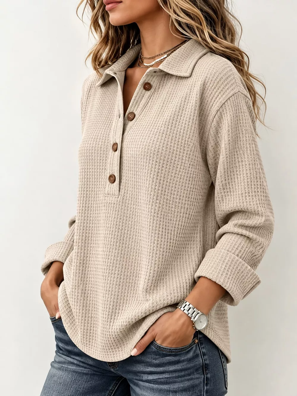 Full Size Waffle Knit Long Sleeve Polo Top Plus Size, image 11