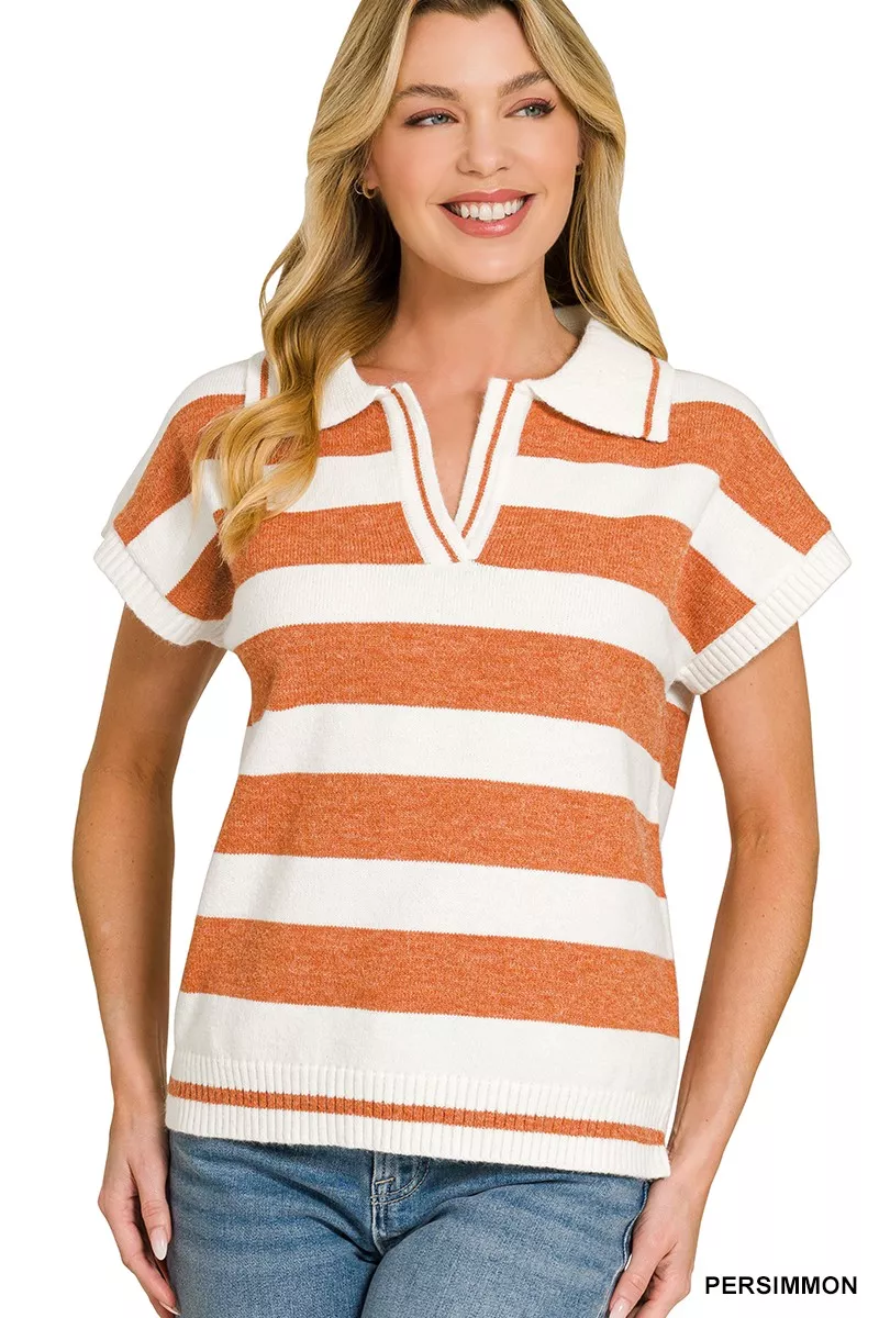Striped Collared Short Sleeve Sweater