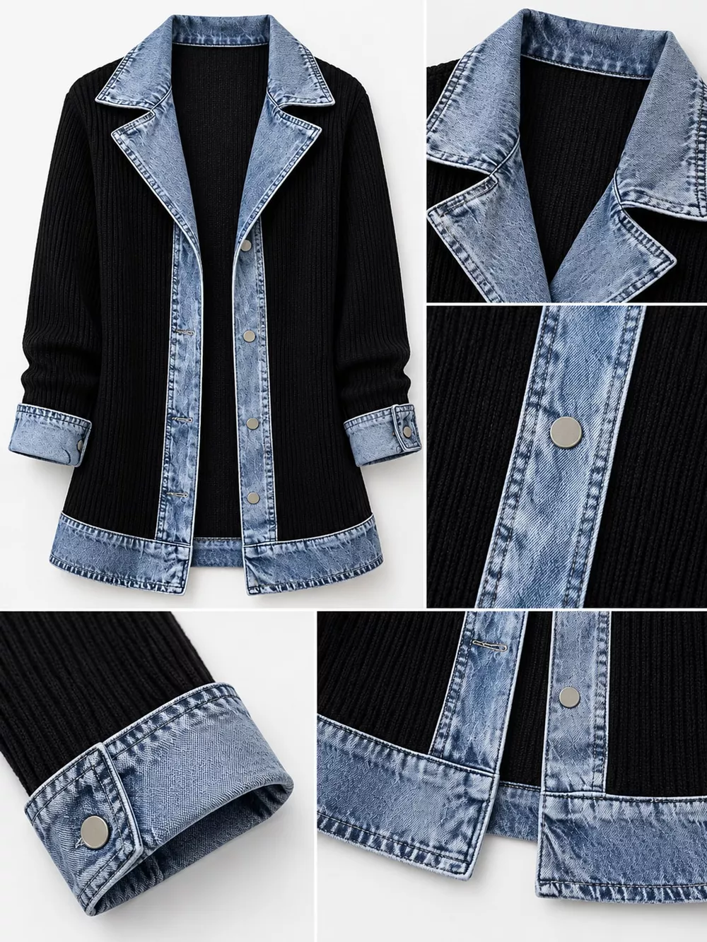 Full Size Denim Trim Ribbed Knit Cardigan Plus Size, image 6