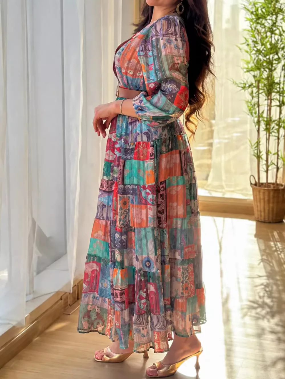 Printed Surplice Long Sleeve Maxi Dress, image 5