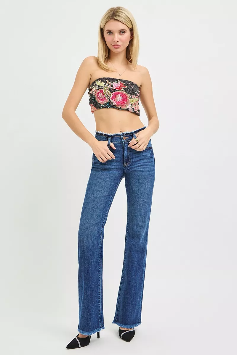 Full Size Mid Rise Bootcut Frayed Waistband Hem Detail Jeans Plus Size, image 6