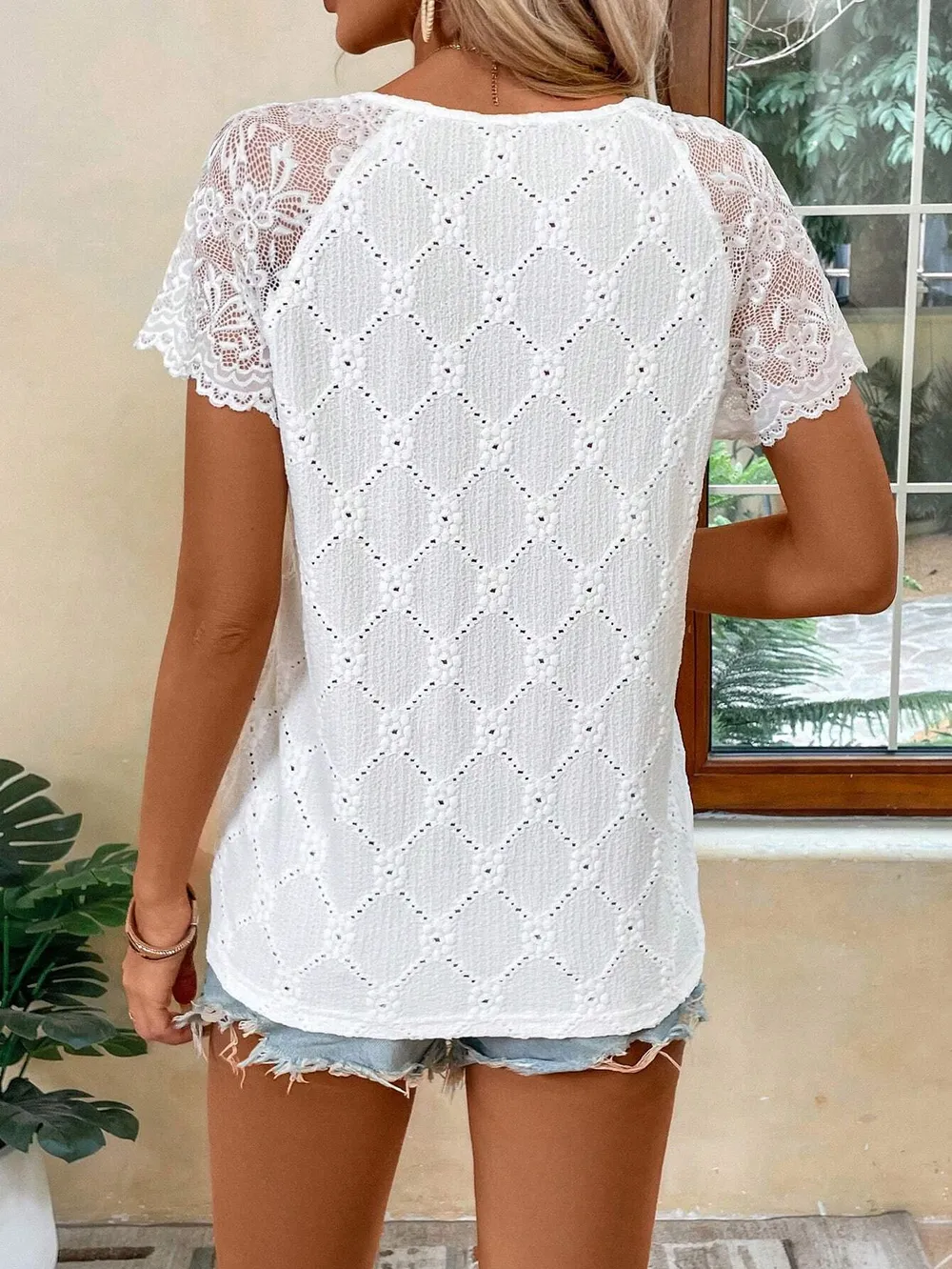 Lace Trim Eyelet Embroidered V-Neck T-shirt, image 5