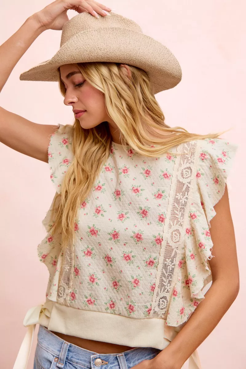 BiBi Flower Printed Ruffle Sleeve Trim Detail Top, image 36