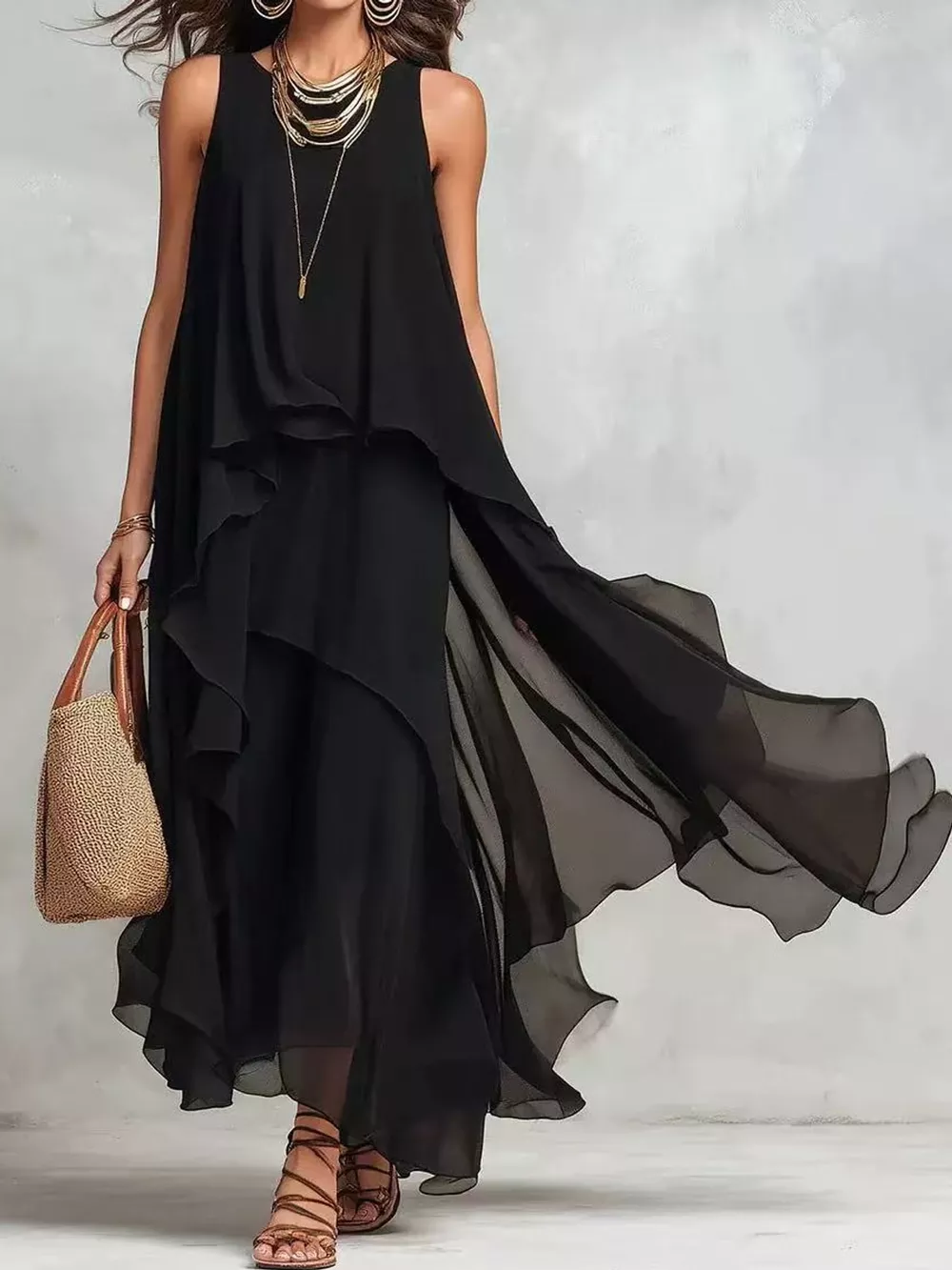 Ruffled Round Neck Sleeveless Maxi Dress