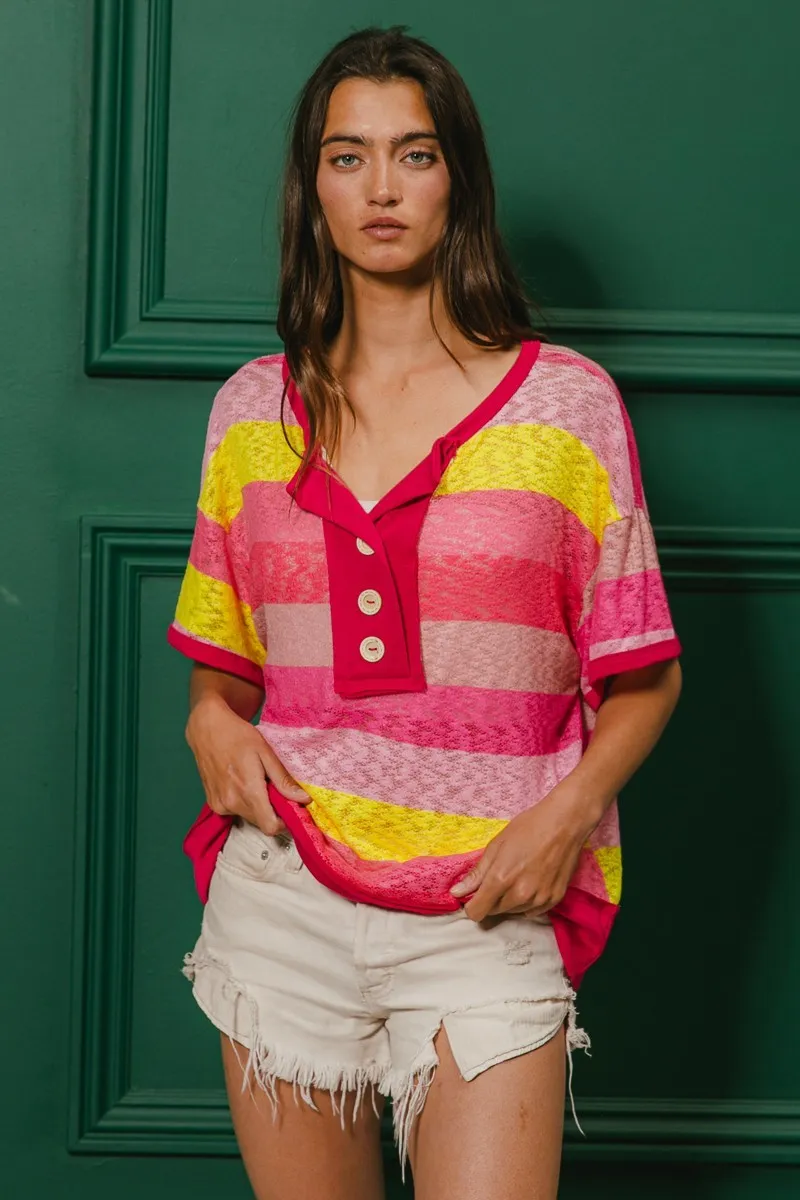 Multi Color Stripe Hacci Button Detail Ringer Top, image 5