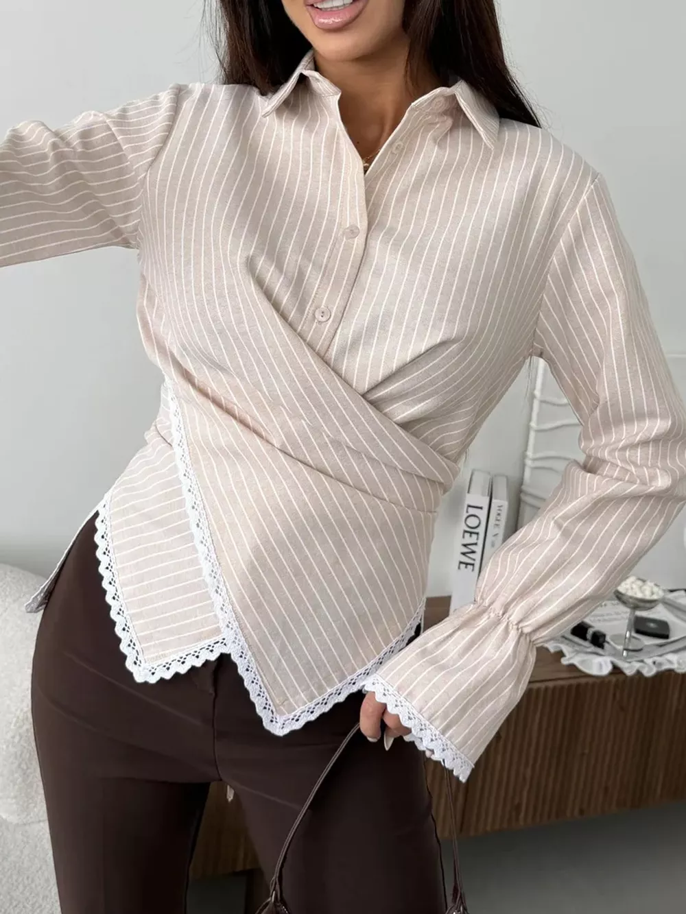 Lace Trim Long Sleeves Striped Shirt, image 14