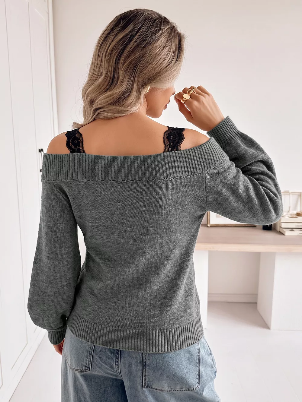 Off-Shoulder Lace Trim Sweater, image 5