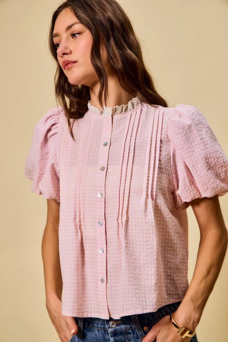 Gingham Lace Trim Button Bubble Sleeves Blouse, image 8