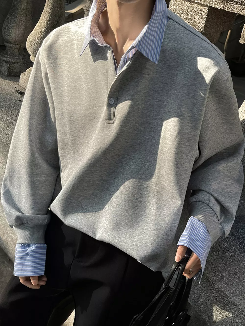 Men's Plus Size Layered Look Striped Collar and Cuffs Long Sleeve Sweatshirt, image 4