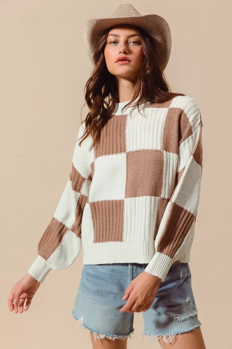 Ribbed Color Block Checkered Plaid Sweater, image 8