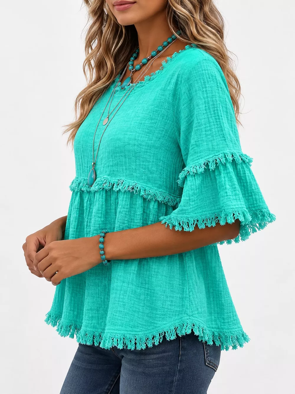 Full Size Frayed Edge Textured Blouse Plus Size, image 18