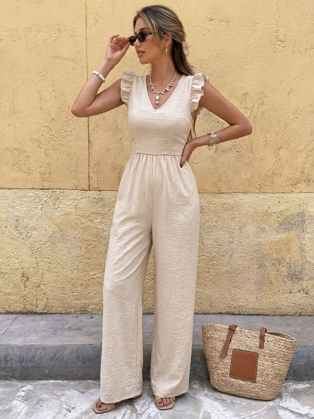 Ruffled V-Neck Wide Leg Jumpsuit, image 2