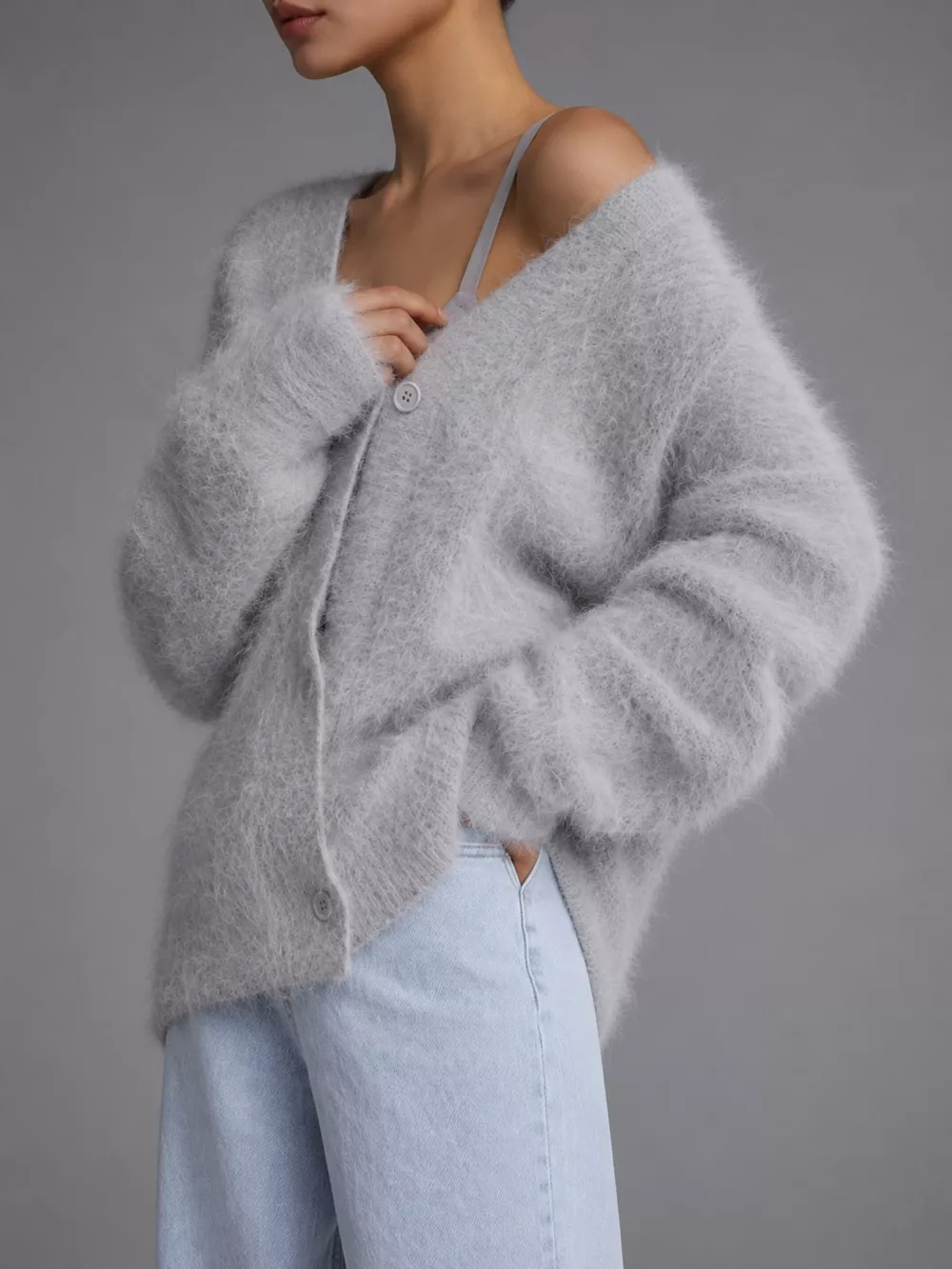Fuzzy V-Neck Button-Down Cardigan