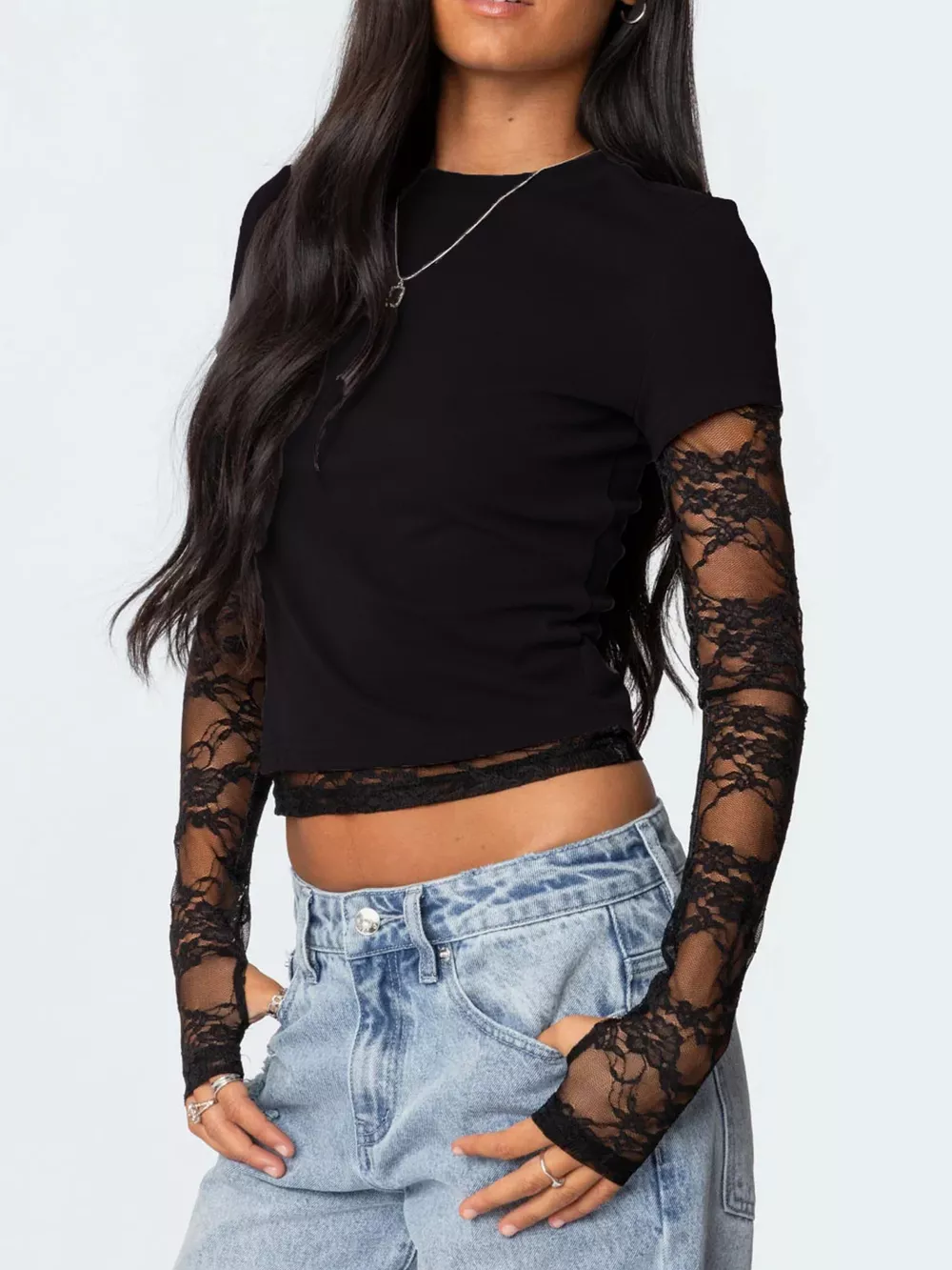 Lace Sleeve Fitted T-Shirt, image 3
