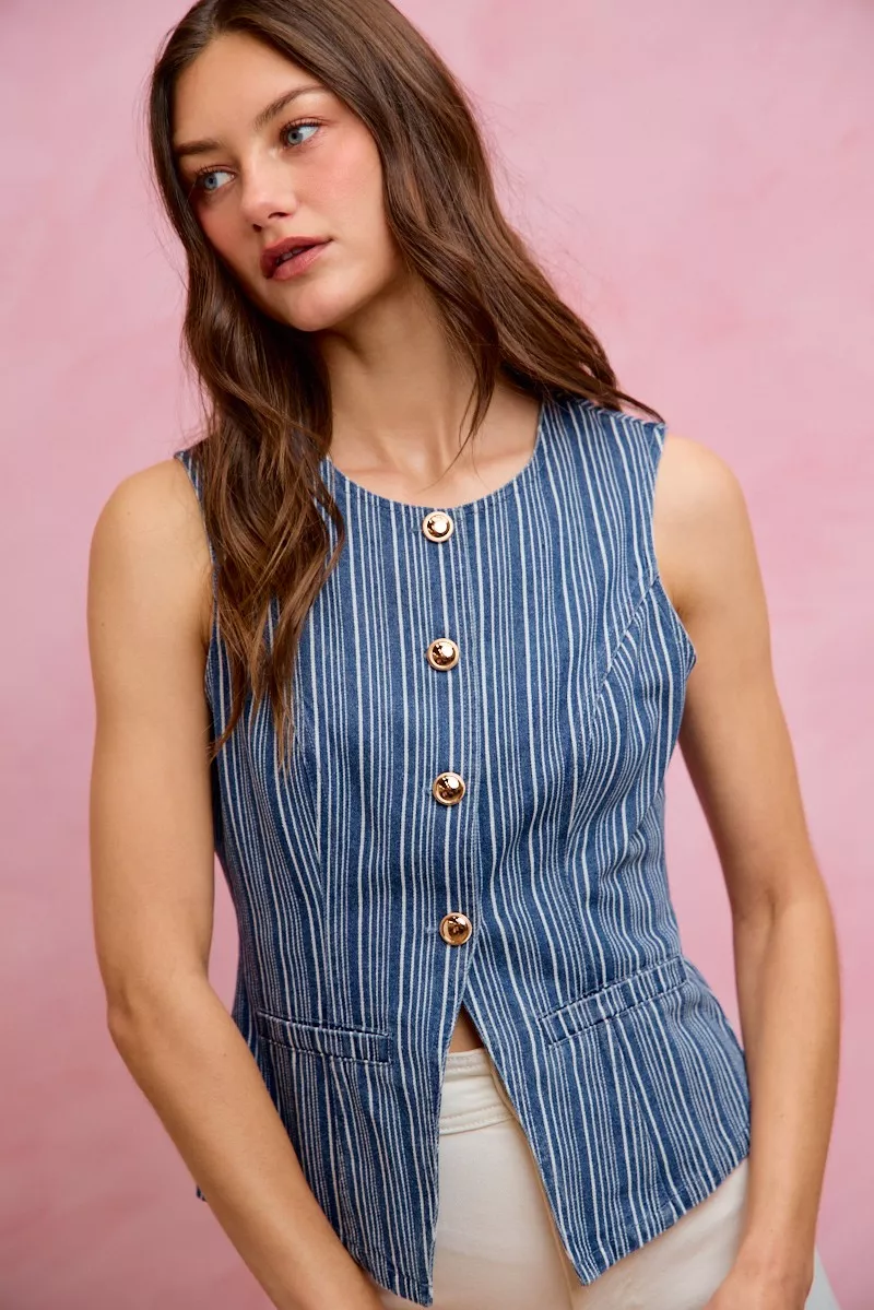 Stripe Slim Fit Button Front Denim Vest Top, image 18