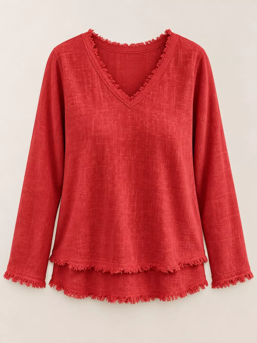 Full Size Frayed Hem V-Neck Long Sleeve Blouse Plus Size, image 24
