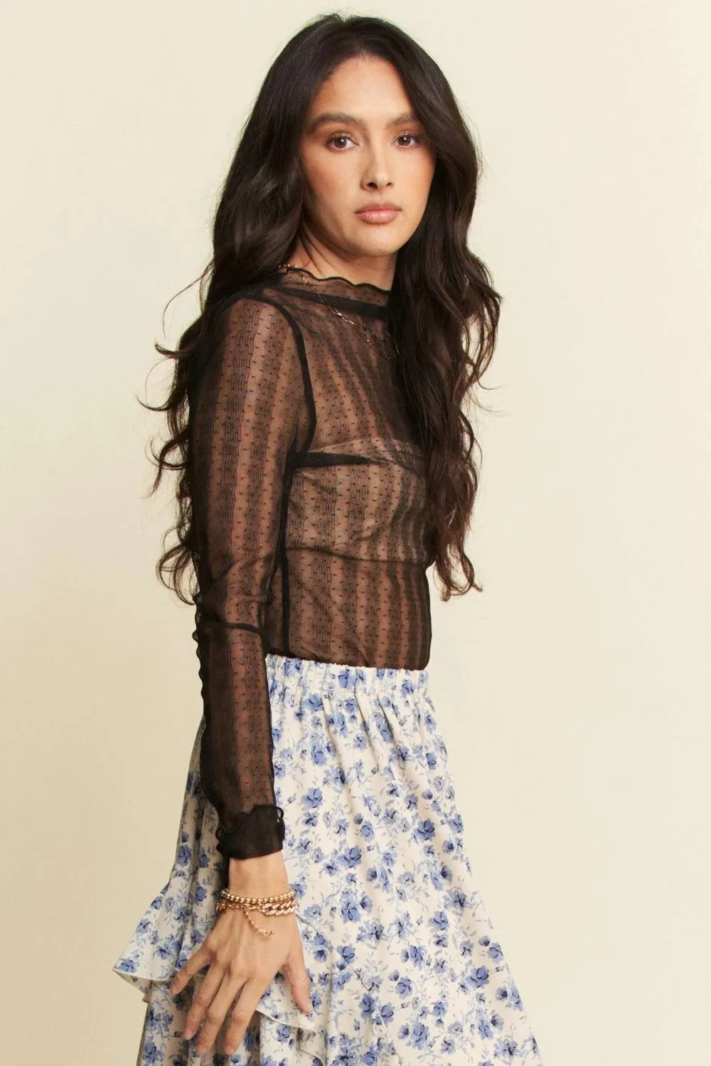 Turtle Neck Lace Dotted Stretch Mesh Sheer Top, image 10