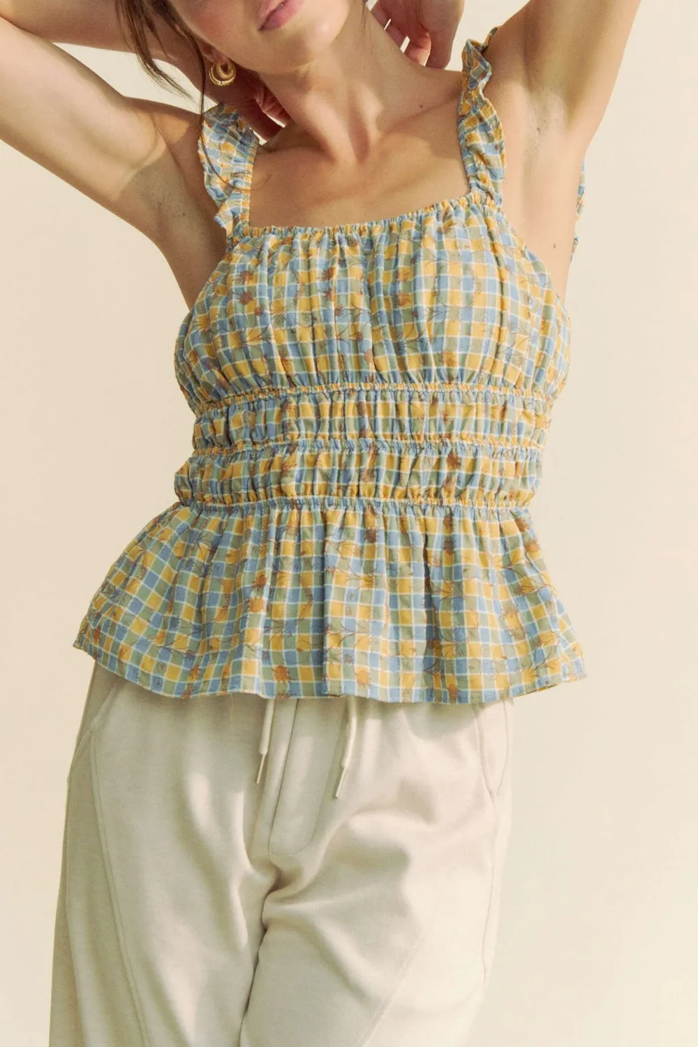 Plaid Ruffled Strap Smocked Sleeveless Top, image 3