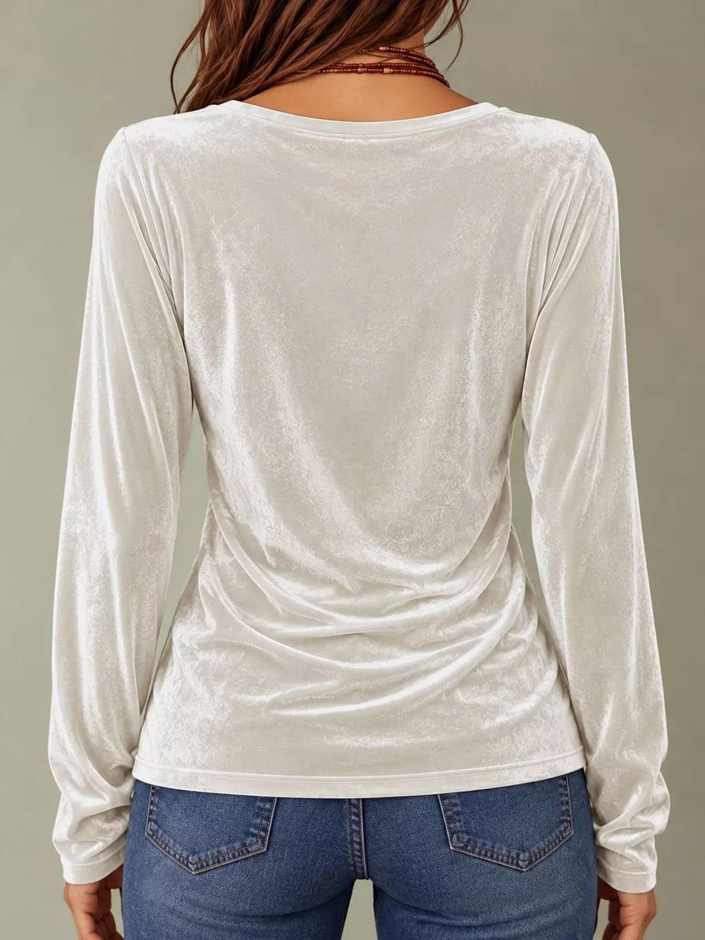 Full Size V-Neck Velvet Long Sleeve T-Shirt Plus Size, image 4