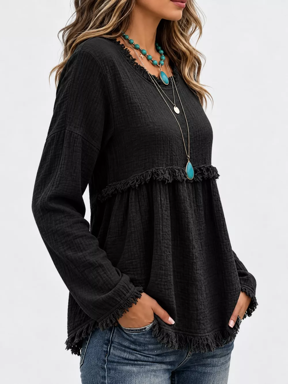 Full Size Frayed Hem Textured Blouse Plus Size, image 5