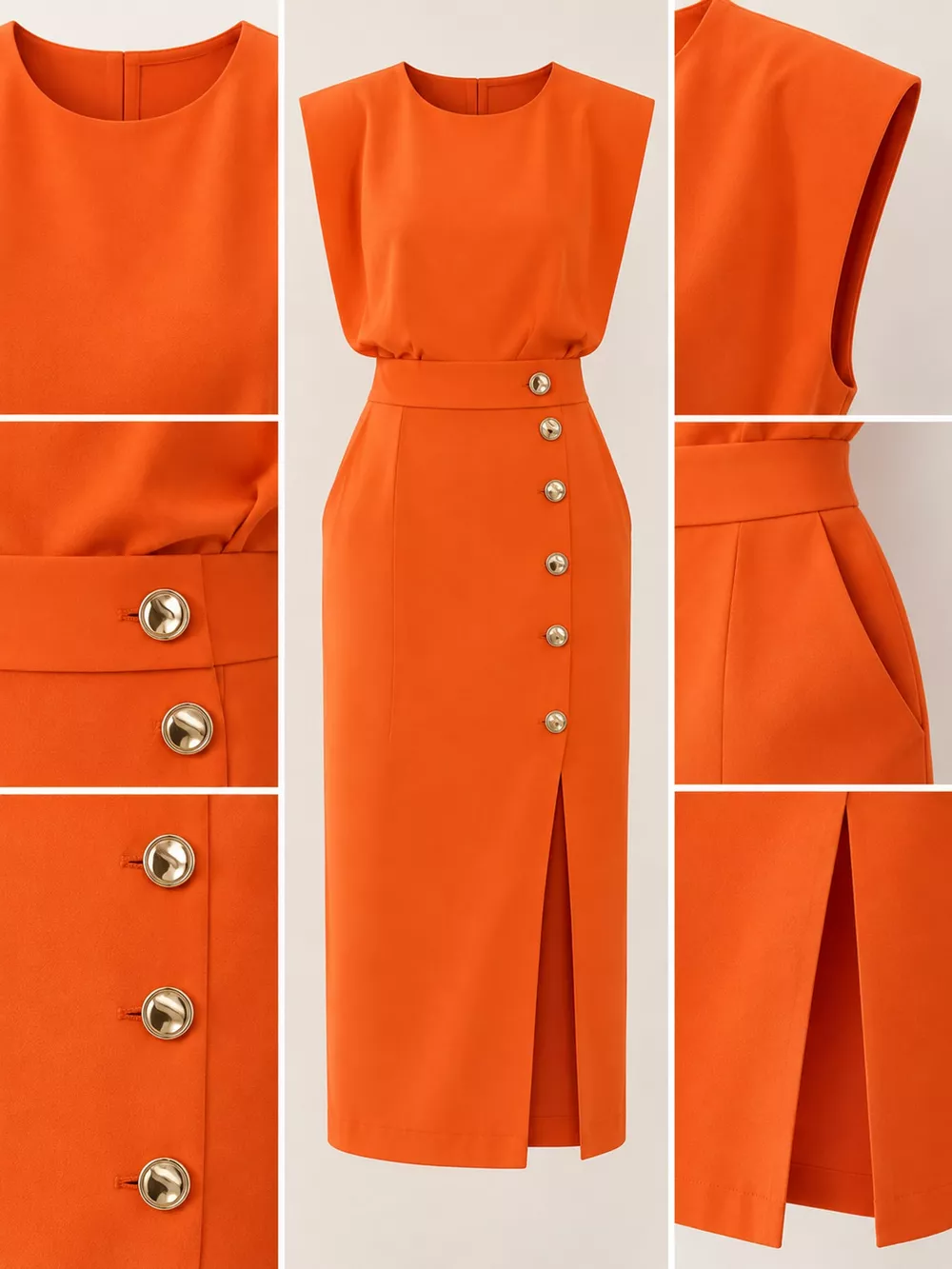 Sleeveless Midi Dress with Gold Button Detail and Side Slit, image 40