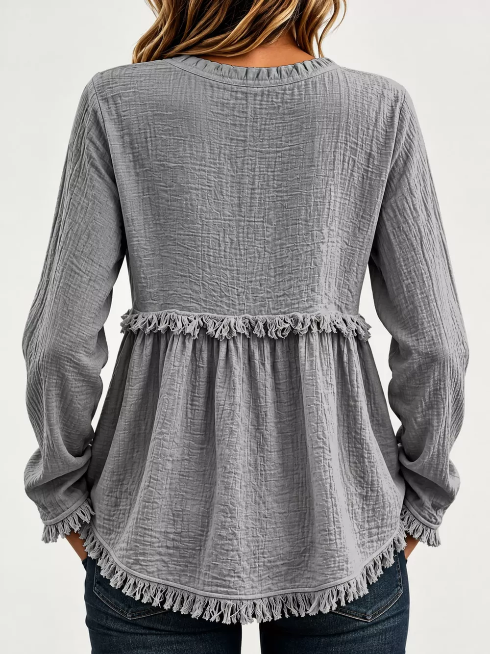 Full Size Frayed Hem Button Detail Blouse Plus Size, image 18