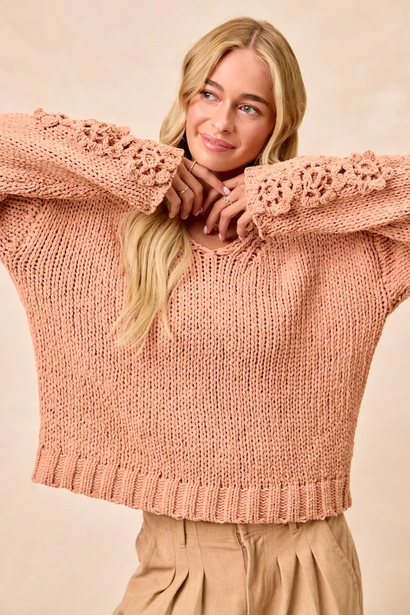 Chunky Knit Sweater with Flower Detail Sleeves, image 16