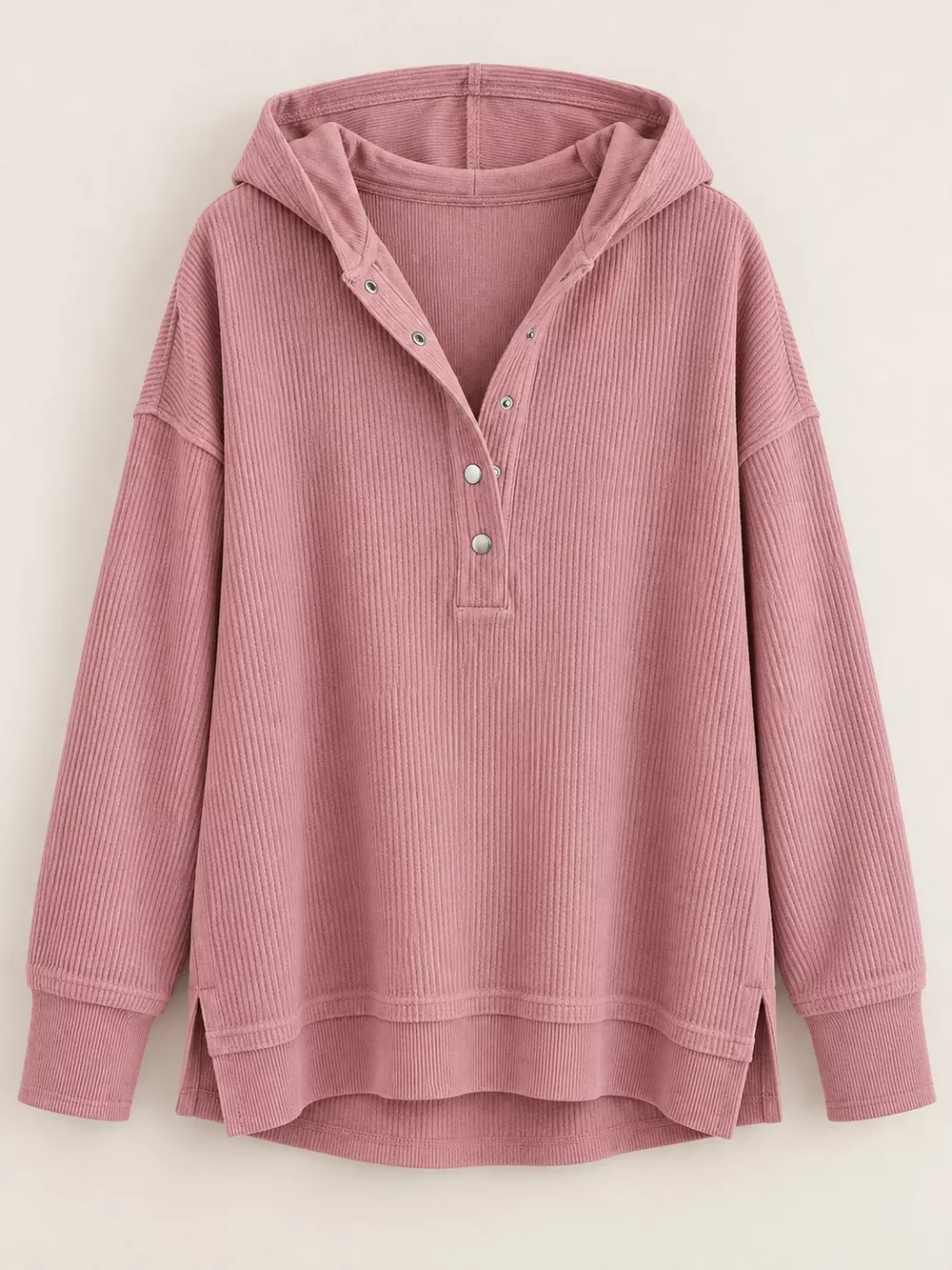 Full Size Snap Button Placket Dropped Shoulder Hoodie Plus Size, image 9