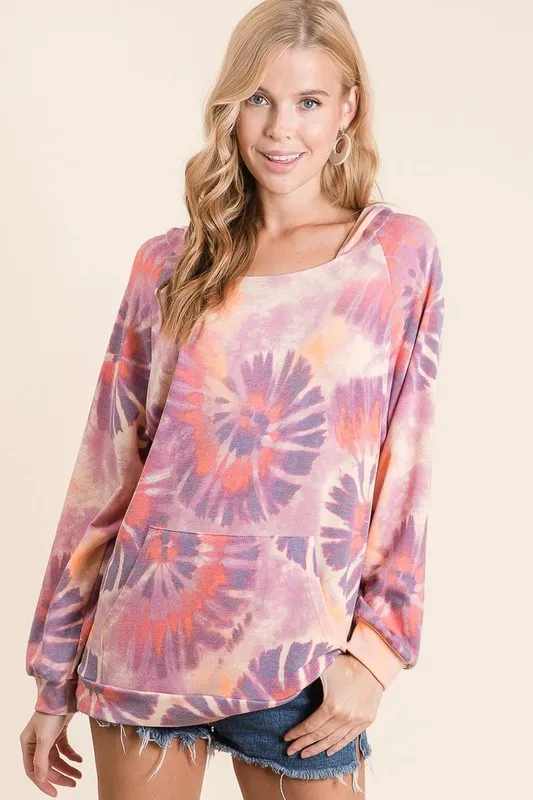Circular Tie Dye Print Terry Hoodie with Kangaroo, image 8