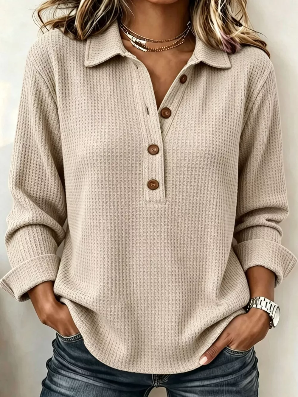 Full Size Waffle Knit Long Sleeve Polo Top Plus Size, image 10