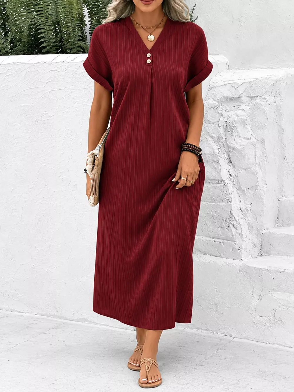 Full Size V-Neck Short Sleeve Midi Dress Plus Size, image 16
