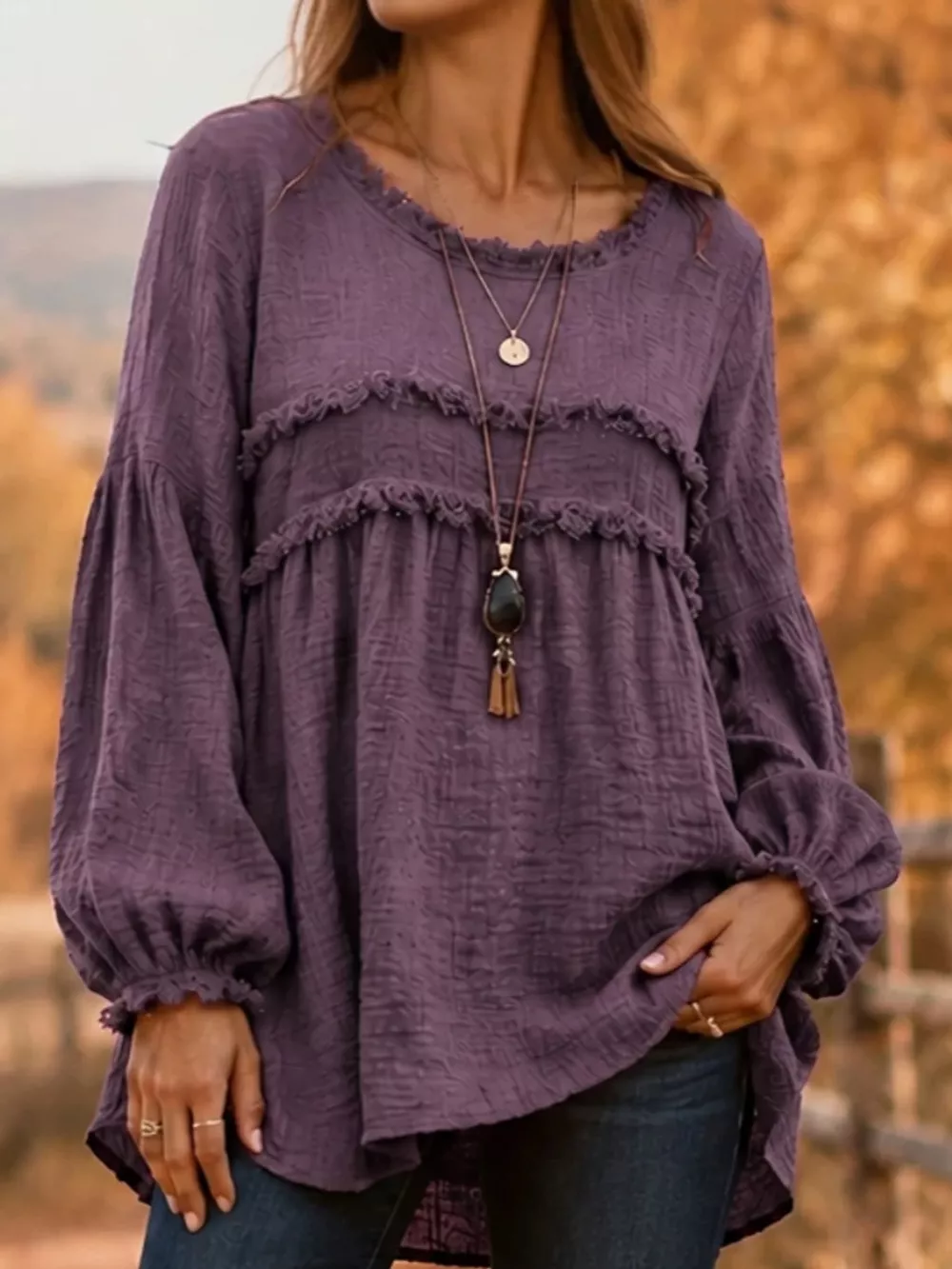 Full Size Boho Chic Textured Frayed Trim Peplum Blouse Plus Size, image 7