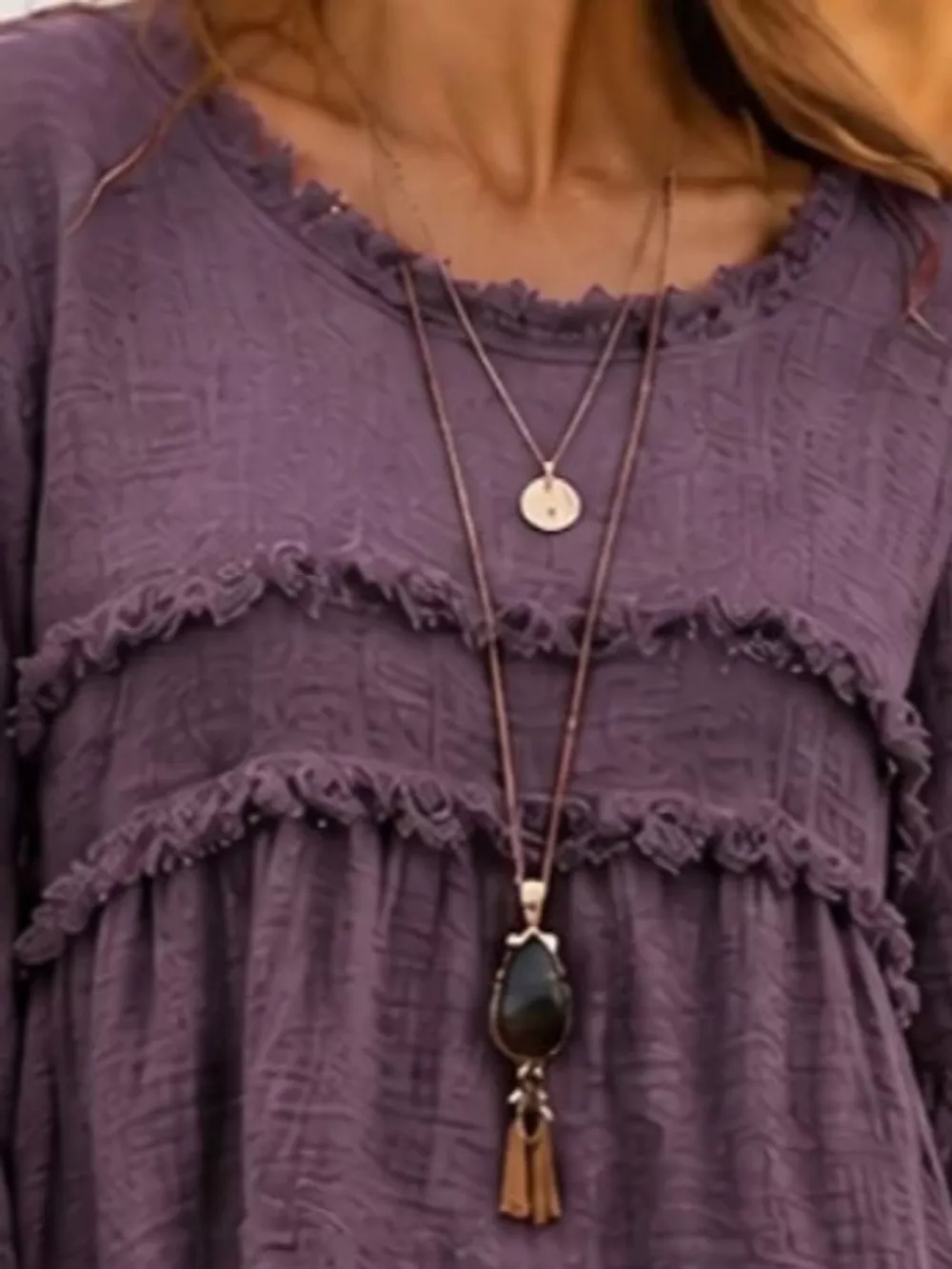 Full Size Boho Chic Textured Frayed Trim Peplum Blouse Plus Size, image 9
