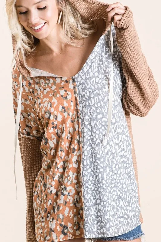 Popcorn Waffle Knit Hoodie with Print Block Front, image 5