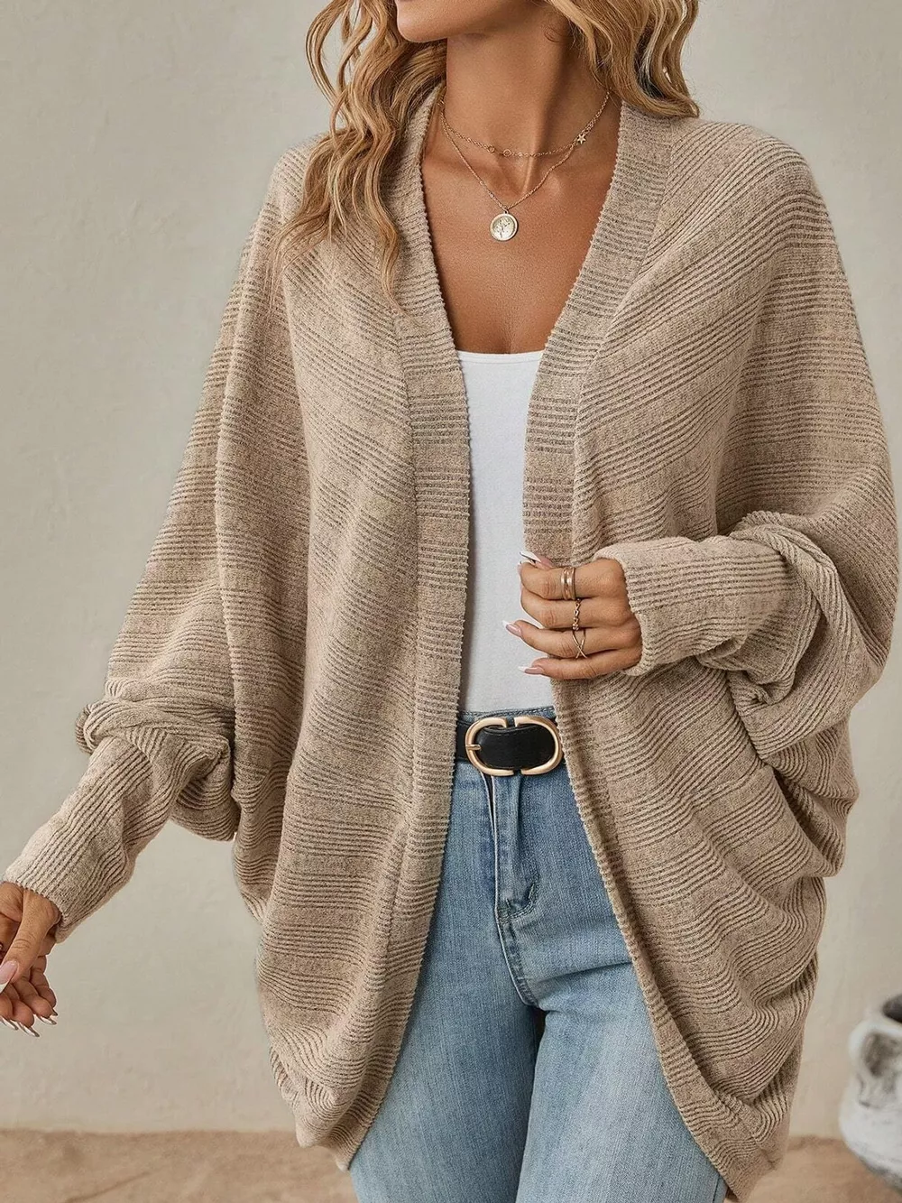 Casual Open Front Batwing Sleeve Ribbed Knit Cardigan, image 2