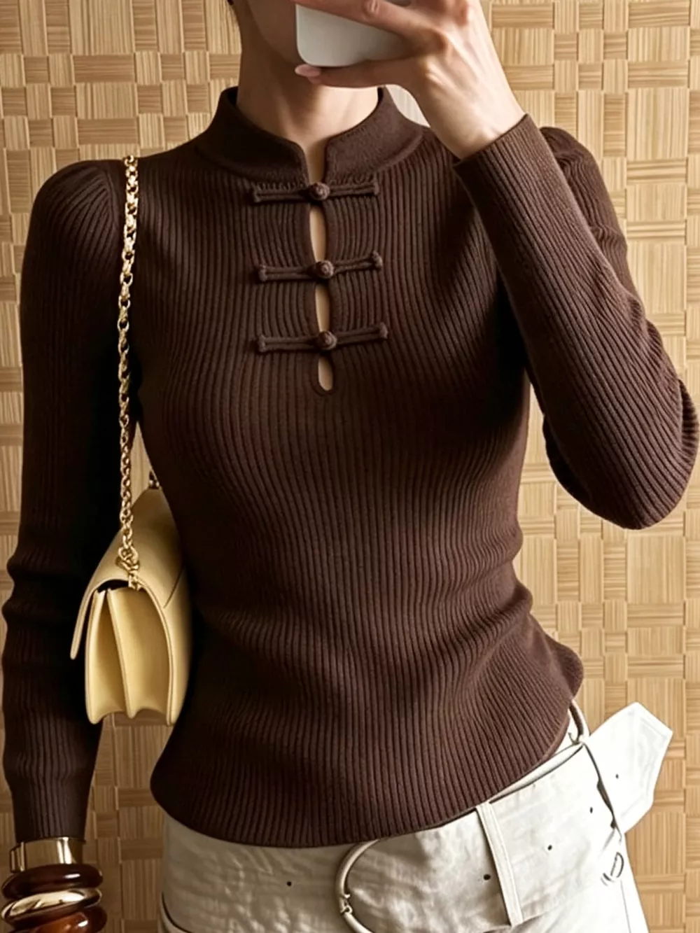 Chinese-Style Button Ribbed Knit Top, image 22