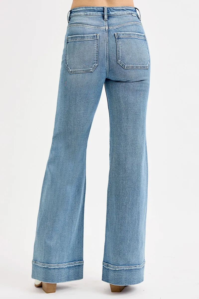 Full Size High Rise Wide Flare Patch Pocket Jeans Plus Size, image 5