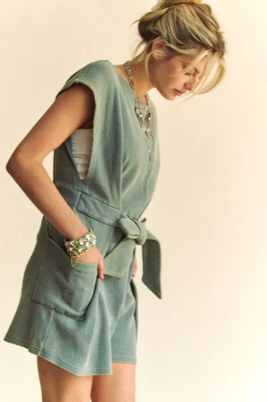 Acid-Washed Waffle Knit Cuffed Sleeves Romper, image 4