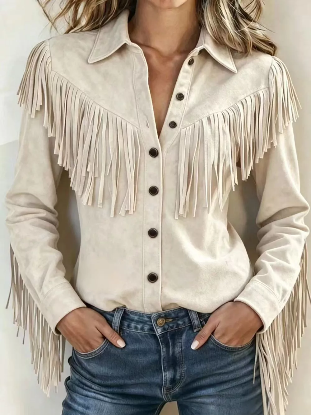 Full Size Fringed Button Up Shirt Plus Size, image 8