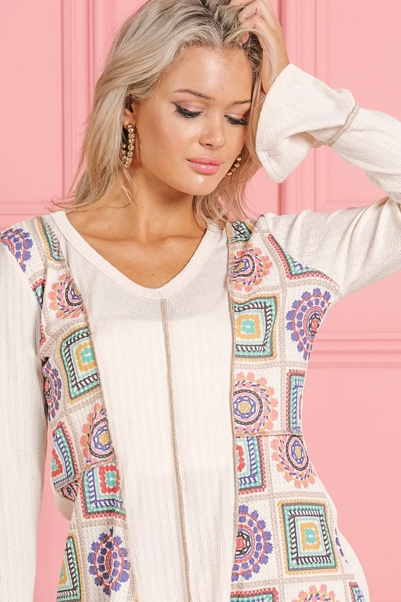 Granny Square Print Contrast Annie Rib V Neck Top, image 17
