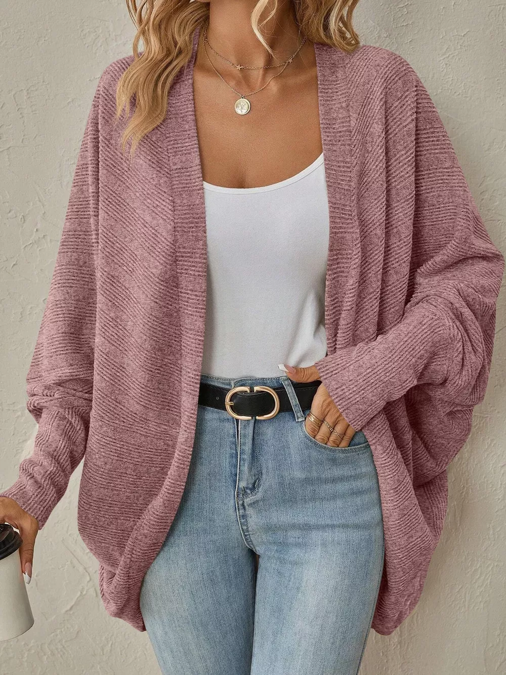 Casual Open Front Batwing Sleeve Ribbed Knit Cardigan, image 12