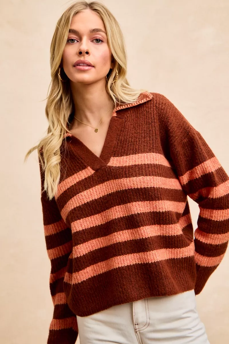Striped Sweater Top with Collar Stitched Details, image 4