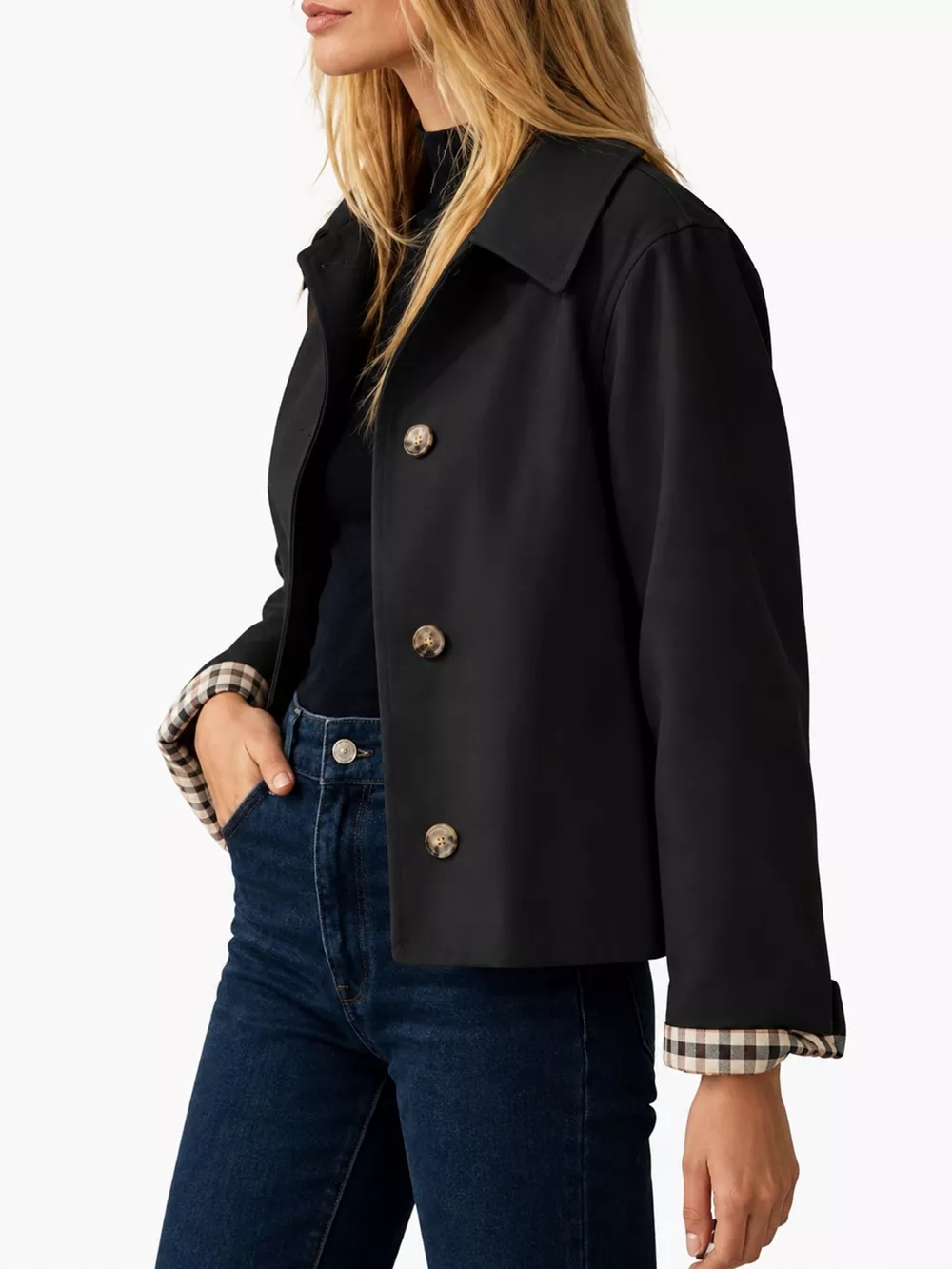 Plaid Cuffs Cropped Trench Outerwear, image 7